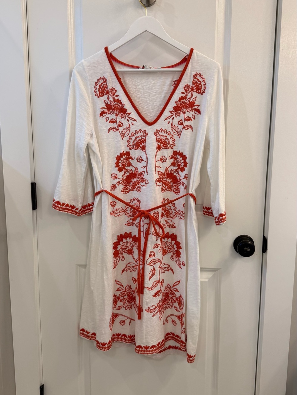 Boden White Mini Dress with dark Orange Floral Embroidery and Tie Waist